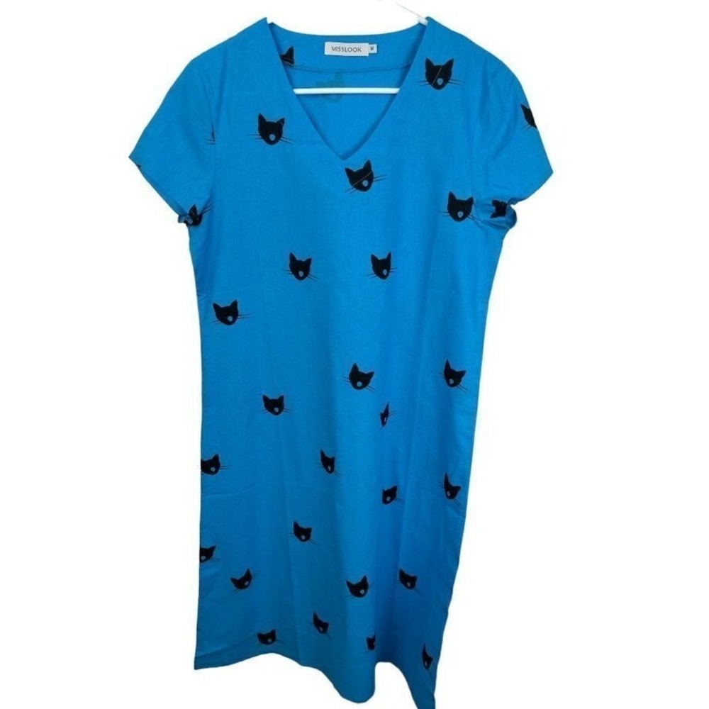 Misslook Turquoise Blue Black‎ Cat Print V-Neck Short Sleeve Shift Dress Size M